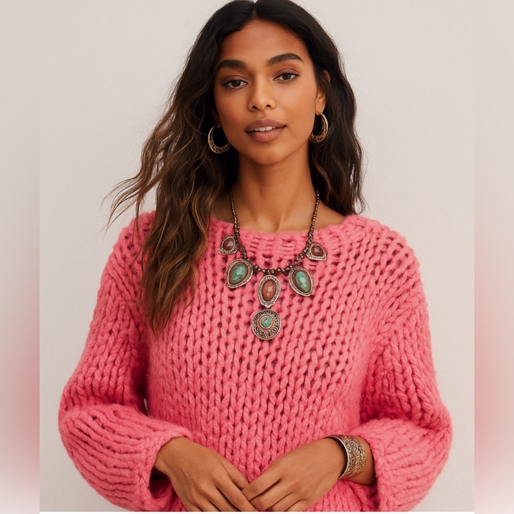 Eileen Fisher Alpaca Wool Chunky Knit Sweater Pink S/M Sustainable Luxury cozy